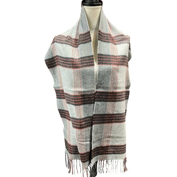Italian Woolen Treasures Lambswool‎ Scarf Gray Plaid Fringe Old Money Preppy - Picture 1 of 5